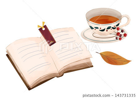 插圖描繪了一本打開的書、一枚書籤和一杯茶。 插圖描繪了一本打開的書、一枚書籤和一杯茶。 143731335