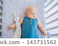 Sleeping infant with a fabric rabbit on soft nursery bedding. 143731562