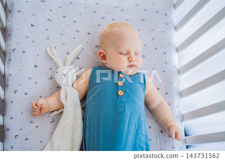 Sleeping infant with a fabric rabbit on soft nursery bedding. Sleeping infant with a fabric rabbit on soft nursery bedding. 143731562