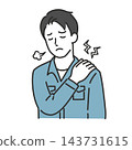 An illustration of a man in work clothes sighing and putting his hand on his shoulder, suffering from stiff shoulders. 143731615