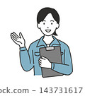 A female staff member in a blue work uniform, holding a clipboard and smiling as she gives directions. 143731617