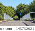 A pleasant scene of a verdant promenade bathed in dappled sunlight and a white bridge. 143732021