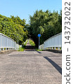 A pleasant scene of a verdant promenade bathed in dappled sunlight and a white bridge. 143732022