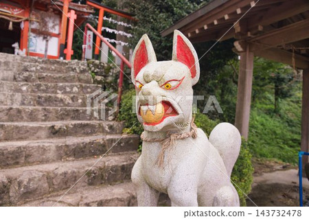 位於福岡縣浮葉市浮葉稻荷神社內的守護狐狸石像和朱紅色神社建築。 位於福岡縣浮葉市浮葉稻荷神社內的守護狐狸石像和朱紅色神社建築。 143732478