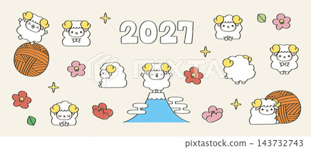 一套可愛的手繪插畫，適用於2027年羊年新年賀卡。 143732743