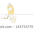 A hand-drawn style illustration of a boy taking a break from studying. 143733770
