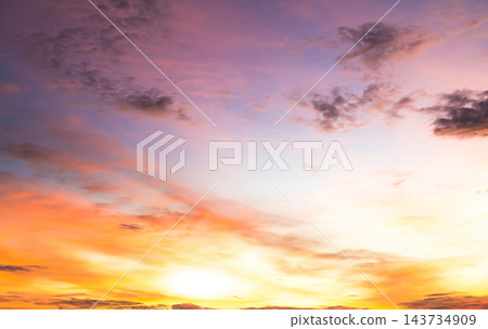Sky sunset evening background sunrise dusk cloud dramatic orange twilight red warm sunny dawn sunshine romantic calm nature, cloudscape summer autumn spring scene, environment ecosystem energy. Sky sunset evening background sunrise dusk cloud dramatic orange twilight red warm sunny dawn sunshine romantic calm nature, cloudscape summer autumn spring scene, environment ecosystem energy. 143734909