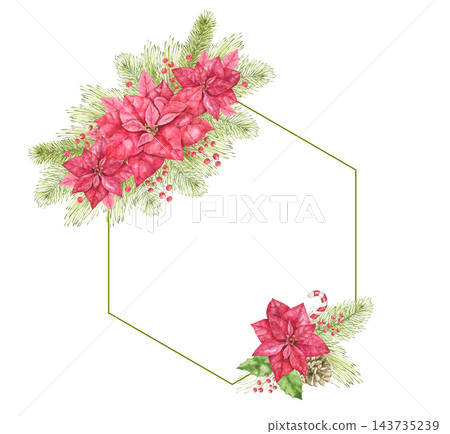 Watercolor hexagon frame with red poinsettia flowers, pine branches, pine cone, candy cane and red berries. Christmas floral frame for greeting cards, invitations, New Year decor and stationery. 143735239