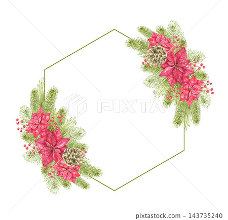 Watercolor hexagon frame with red poinsettia flowers, pine branches, pine cones and red berries. Christmas floral frame for greeting cards, invitations, New Year decor, gift tags and stationery. Watercolor hexagon frame with red poinsettia flowers, pine branches, pine cones and red berries. Christmas floral frame for greeting cards, invitations, New Year decor, gift tags and stationery. 143735240