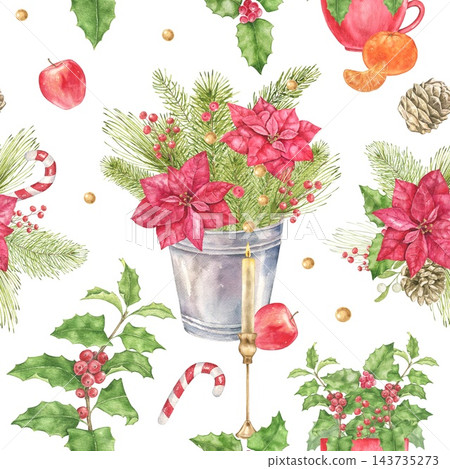 Christmas watercolor pattern with red poinsettias, decorated mugs, golden candles, holly, pine branches, berries and candy canes. Suitable for Christmas cards, New Year greetings and gift wrapping. 143735273