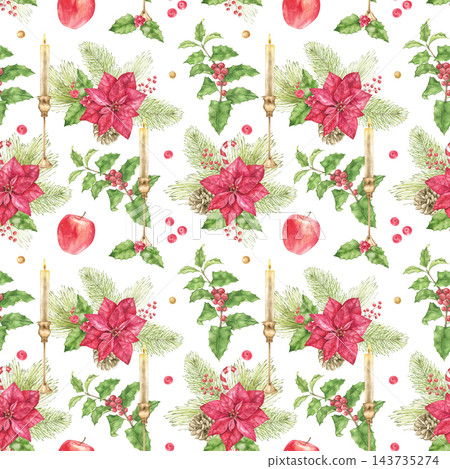 Christmas watercolor pattern with golden bells, holly leaves, green branches and red berries. Suitable for Christmas cards, New Year greetings, jingle themed decor and festive gift wrapping. 143735274