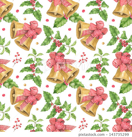 Seamless Christmas watercolor pattern with golden bells, red gingham bows, holly leaves and berries arranged across a light ground. Ideal for holiday cards, gift wrap, labels and festive stationery. 143735299