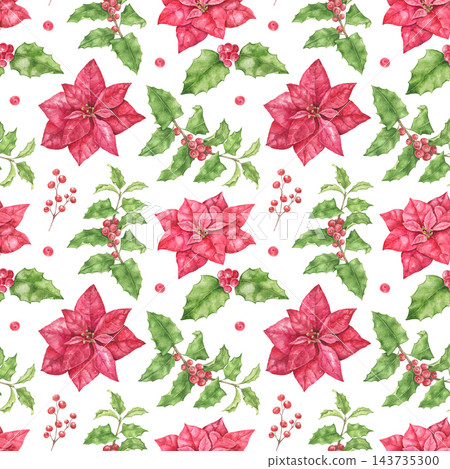 Seamless Christmas watercolor pattern with red poinsettias, holly leaves, evergreen sprigs and red berries. Ideal for holiday cards, gift wrapping, festive labels, seasonal stationery and packaging. Seamless Christmas watercolor pattern with red poinsettias, holly leaves, evergreen sprigs and red berries. Ideal for holiday cards, gift wrapping, festive labels, seasonal stationery and packaging. 143735300