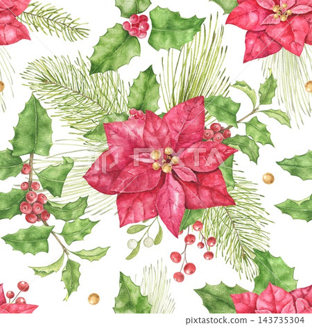 Christmas watercolor pattern with large red poinsettia, pine sprigs, holly leaves, berries and golden accents. Suitable for holiday cards, gift wrapping, festive stationery and seasonal packaging. 143735304