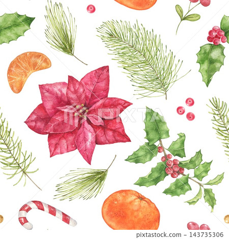 Christmas watercolor pattern with poinsettias, pine sprigs, holly leaves, red berries, orange slices and candy canes. Suitable for holiday cards, gift tags, wrapping paper and seasonal packaging. Christmas watercolor pattern with poinsettias, pine sprigs, holly leaves, red berries, orange slices and candy canes. Suitable for holiday cards, gift tags, wrapping paper and seasonal packaging. 143735306