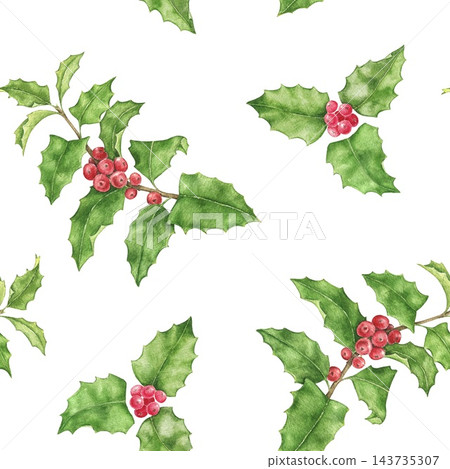 Seamless watercolor pattern with holly branches, green leaves, red berries scattered. Christmas print for wrapping paper, fabric, holiday cards, gift wrap and festive home decor. 143735307