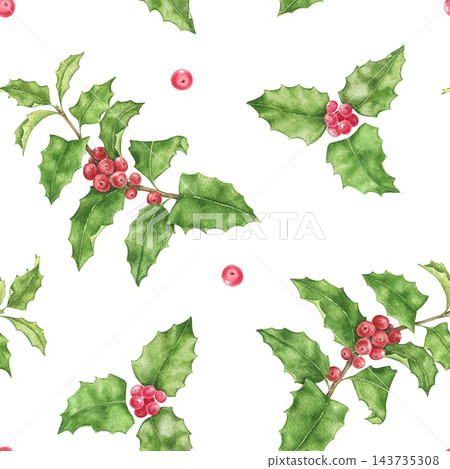 Seamless watercolor pattern with holly branches, green leaves, red berries and small red rowan berries. Christmas print for wrapping paper, fabric, holiday cards, gift wrap and festive home decor. Seamless watercolor pattern with holly branches, green leaves, red berries and small red rowan berries. Christmas print for wrapping paper, fabric, holiday cards, gift wrap and festive home decor. 143735308
