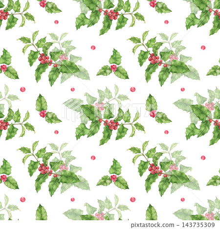 Seamless Christmas watercolor pattern with holly branches, green leaves, red berries and small red dots on white background. For wrapping paper, fabric, holiday cards, gift wrap and festive decor. 143735309