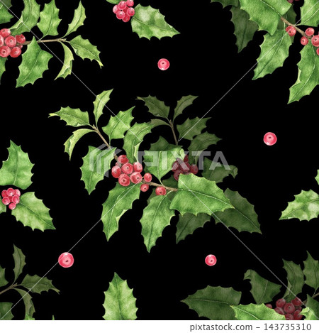 Seamless Christmas watercolor pattern with holly branches, green leaves, red berries and small red dots on black background. For wrapping paper, fabric, holiday cards, gift wrap and festive decor. Seamless Christmas watercolor pattern with holly branches, green leaves, red berries and small red dots on black background. For wrapping paper, fabric, holiday cards, gift wrap and festive decor. 143735310