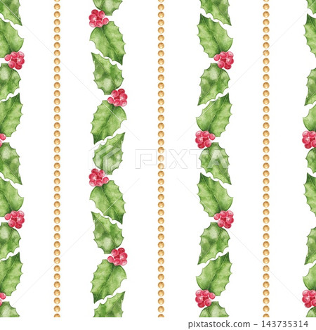 Seamless watercolor pattern with vertical holly leaf garlands, red berries and golden pearl bead stripes. Christmas print for wrapping paper, fabric, holiday cards, gift wrap and festive decor. 143735314