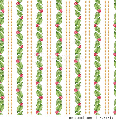 Seamless Christmas watercolor pattern with vertical holly leaf garlands, red berries and golden pearl bead stripes on white background. For wrapping paper, fabric, cards and festive decor. Seamless Christmas watercolor pattern with vertical holly leaf garlands, red berries and golden pearl bead stripes on white background. For wrapping paper, fabric, cards and festive decor. 143735315