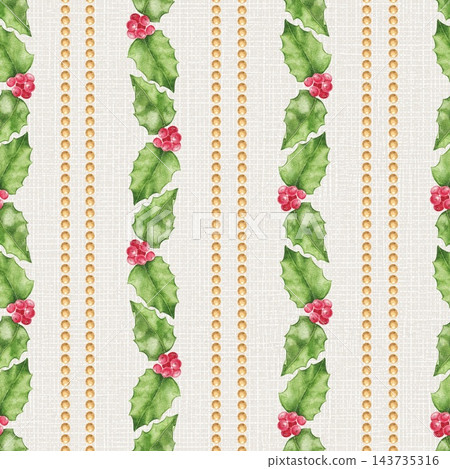 Seamless Christmas watercolor pattern with vertical holly leaf garlands, red berries and golden pearl bead stripes on beige linen texture. For wrapping paper, fabric, cards and festive decor. Seamless Christmas watercolor pattern with vertical holly leaf garlands, red berries and golden pearl bead stripes on beige linen texture. For wrapping paper, fabric, cards and festive decor. 143735316