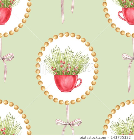 Seamless watercolor pattern with red cups of pine branches and red berries in pearl round frames, pink ribbon bows and sage green background. Christmas print for wrapping paper, fabric and cards. Seamless watercolor pattern with red cups of pine branches and red berries in pearl round frames, pink ribbon bows and sage green background. Christmas print for wrapping paper, fabric and cards. 143735322