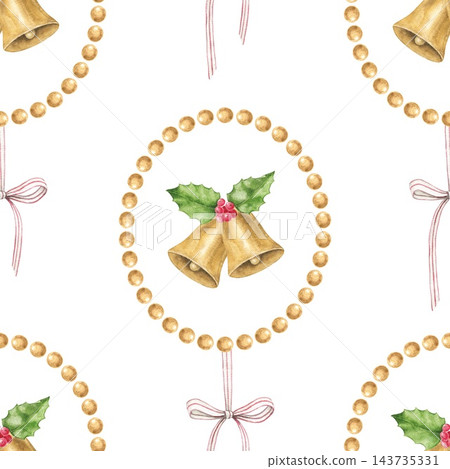 Seamless watercolor pattern with golden bells, holly leaves, red berries, pearl round frames and pink ribbon bows. Christmas print for wrapping paper, fabric, holiday cards, gift wrap and decor. Seamless watercolor pattern with golden bells, holly leaves, red berries, pearl round frames and pink ribbon bows. Christmas print for wrapping paper, fabric, holiday cards, gift wrap and decor. 143735331