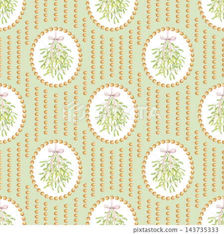 Seamless Christmas watercolor pattern with mistletoe bunches, pink ribbon bows and golden pearl oval frames on pale green. For wrapping paper, fabric, cards, wedding stationery and gift wrap. Seamless Christmas watercolor pattern with mistletoe bunches, pink ribbon bows and golden pearl oval frames on pale green. For wrapping paper, fabric, cards, wedding stationery and gift wrap. 143735333