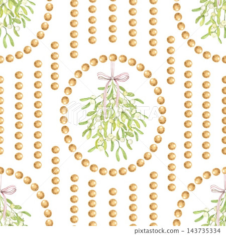 Seamless Christmas watercolor pattern with mistletoe bunches, pink ribbon bows, golden pearl oval frames and vertical bead rows. For wrapping paper, fabric, cards, wedding stationery and gift wrap. 143735334
