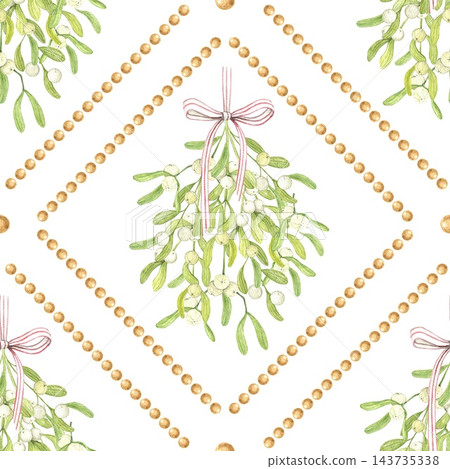 Seamless Christmas watercolor pattern with mistletoe bunches, white berries, pink ribbon bows and golden pearl diamond frames. For wrapping paper, fabric, cards, wedding stationery and decor. 143735338