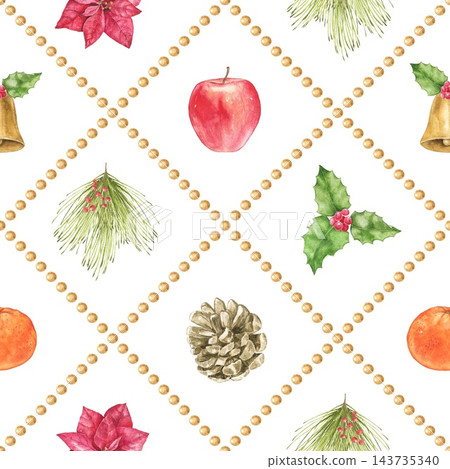 Seamless Christmas watercolor pattern with gold pearl diamond grid, apples, tangerines, bells, holly, pine cones, pine twigs and poinsettia. For wrapping paper, fabric, cards and decor. Seamless Christmas watercolor pattern with gold pearl diamond grid, apples, tangerines, bells, holly, pine cones, pine twigs and poinsettia. For wrapping paper, fabric, cards and decor. 143735340