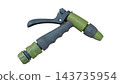 Plastic garden hose spray nozzle with an adjustable grip and green connectors. Isolated on a clean white background studio shot. With clipping path. 143735954