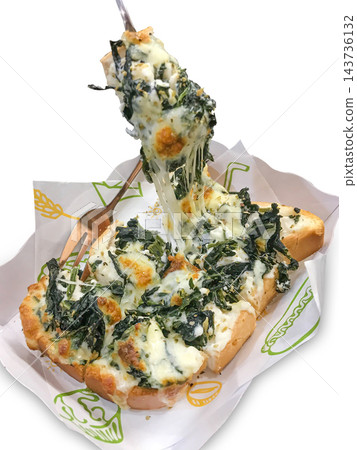 Baked Spinach with Cheese Toast with Melted Mozzarella Stretched on a Fork Isolated on White Background 143736132