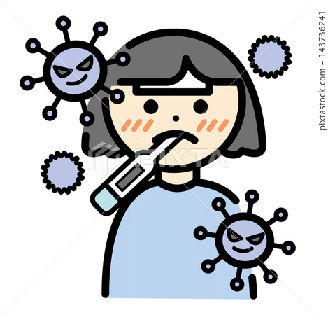 Illustration of a girl with a fever and a virus Illustration of a girl with a fever and a virus 143736241