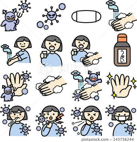 Virus, cold, feeling unwell, handwashing, gargling, infection prevention (illustration) Virus, cold, feeling unwell, handwashing, gargling, infection prevention (illustration) 143736244