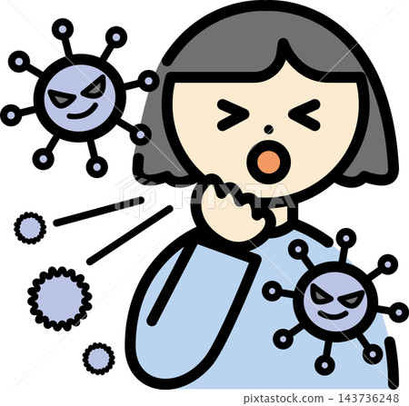 插圖描繪了一個女孩咳嗽、打噴嚏,以及一種病毒。 插圖描繪了一個女孩咳嗽、打噴嚏,以及一種病毒。 143736248