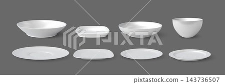 3d plates and bowls. Top view of table food, sides ceramic dinner crockery. Empty sauce utensil, clean cooking mockup, clean serving dishes, food presentation. Vector realistic isolated set 3d plates and bowls. Top view of table food, sides ceramic dinner crockery. Empty sauce utensil, clean cooking mockup, clean serving dishes, food presentation. Vector realistic isolated set 143736507