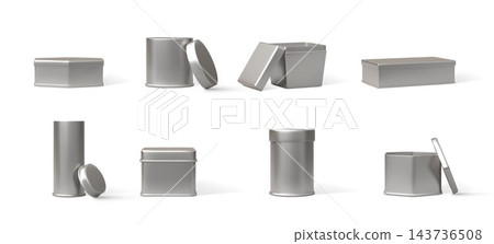 Tin can. Aluminium metal cookie packaging, silver candy can or 3d square tea, empty silver canister, lid container for organization and product presentation. Glossy steel jar. Vector mockup Tin can. Aluminium metal cookie packaging, silver candy can or 3d square tea, empty silver canister, lid container for organization and product presentation. Glossy steel jar. Vector mockup 143736508