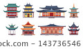 Chinese building. China temple house, shine ancient town or city pagoda gate. Traditional chinatown facade with roofs, architectural icons, travel concept. Vector cartoon flat elements set 143736546