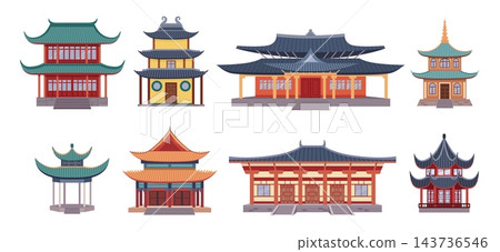 Chinese building. China temple house, shine ancient town or city pagoda gate. Traditional chinatown facade with roofs, architectural icons, travel concept. Vector cartoon flat elements set 143736546