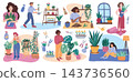 House plants. Indoor flowers, man and woman at home with floral leaf. Happy garden person, room furniture. Houseplant interior botanical greenery. Vector cartoon isolated illustration 143736560