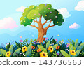 Tale forest. Illustrated fairy flower garden, spring children fairytale tree or magic jungle landscape, butterflies and soft clouds. Cute enchanted ground cartoon isolated vector background 143736563
