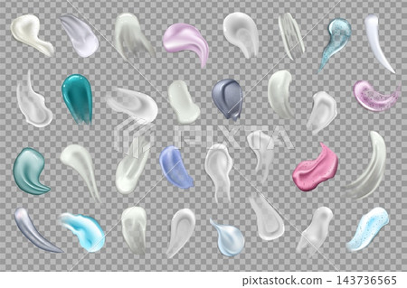 Cosmetic cream swatches set. Assorted glossy smears and dollops in white and pastel tones, skincare and beauty product clean texture for packaging design. Vector isolated illustration 143736565