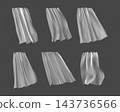 White curtain set. Sheer fabric wind on transparent window, flying tulle veil. Light air in room interior styling, hanging textile breeze, realistic isolated 3d elements. Vector render design 143736566