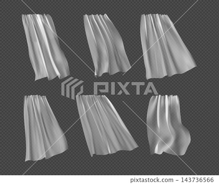 White curtain set. Sheer fabric wind on transparent window, flying tulle veil. Light air in room interior styling, hanging textile breeze, realistic isolated 3d elements. Vector render design White curtain set. Sheer fabric wind on transparent window, flying tulle veil. Light air in room interior styling, hanging textile breeze, realistic isolated 3d elements. Vector render design 143736566