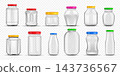 Glass jar. Empty transparent bottle, lid round container package or realistic jam canning food cap. 3d clear metal shape. Assorted packaging, Vector mockup isolated storage elements set 143736567