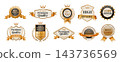 Gold emblem badge. White label, premium award certificate or top star elegant design. Round metallic foil gradient seals, marketing stamps product packaging, official guarantee. Vector design 143736569