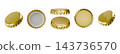 Bottle cap set. Beer lid side view, 3d ring cover for lemonade drink. Empty round and broken bottom. Beverage garbage, label presentation, aluminum gold metallic vector isolated realistic icons 143736570