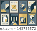 Abstract poster set. Geometric compositions with circles, stairs and textured blocks, modern graphic design. Vertical banner or prints collection. Typography branding identity. Vector set 143736572